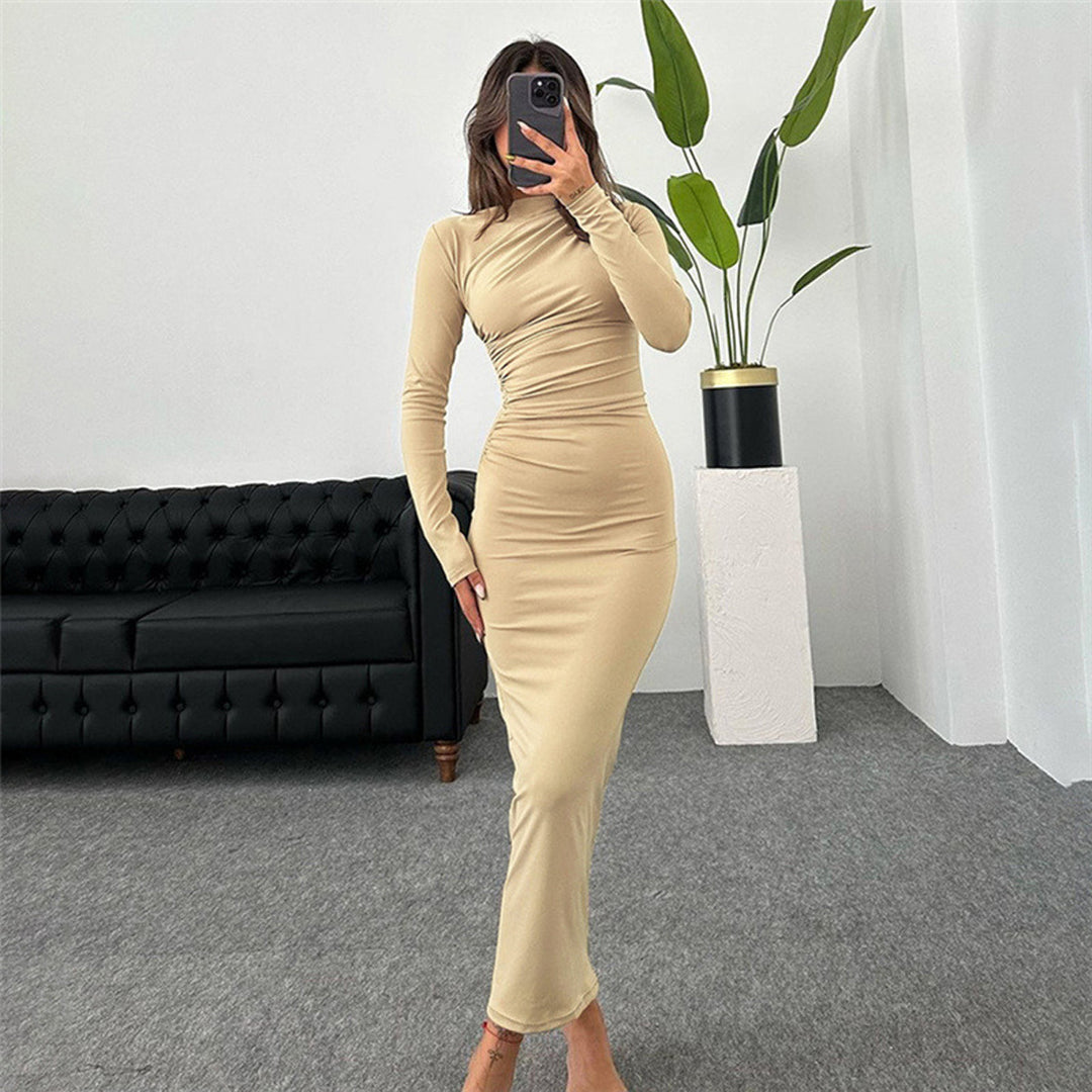 Damen figurbetontes Maxikleid mit hohem Kragen und seitlicher Raffung Echo Archiv