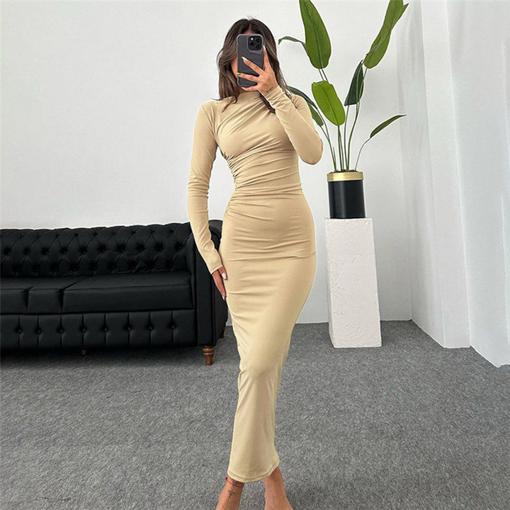 Damen figurbetontes Maxikleid mit hohem Kragen und seitlicher Raffung Echo Archiv