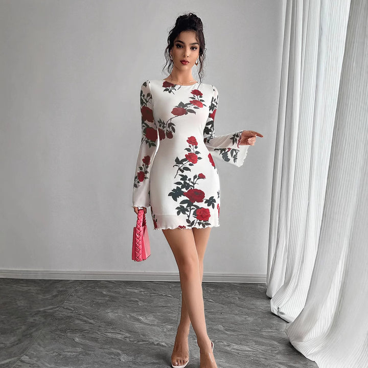 Damen nan figurbetontes Minikleid mit Rosenmuster und Trompetenärmeln Echo Archiv