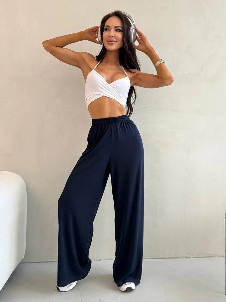 Damen weite High-Waist Palazzo-Hose aus geripptem Jersey mit elastischem Bund – Avélisse