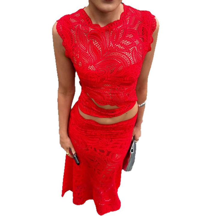 Damen nan elegantes Spitzen-Set mit bauchfreiem kurzem Top mit Wellensaum und taillenhohem figurbetontem Maxirock Echo Archiv