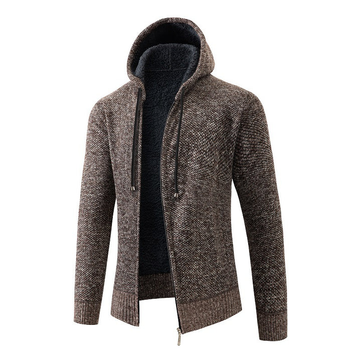 Herren nan melierte Strickzip-Kapuzenjacke mit wärmendem Teddyfutter, verdecktem Zwei-Wege-Reißverschluss und elastischen Bündchen Echo Archiv