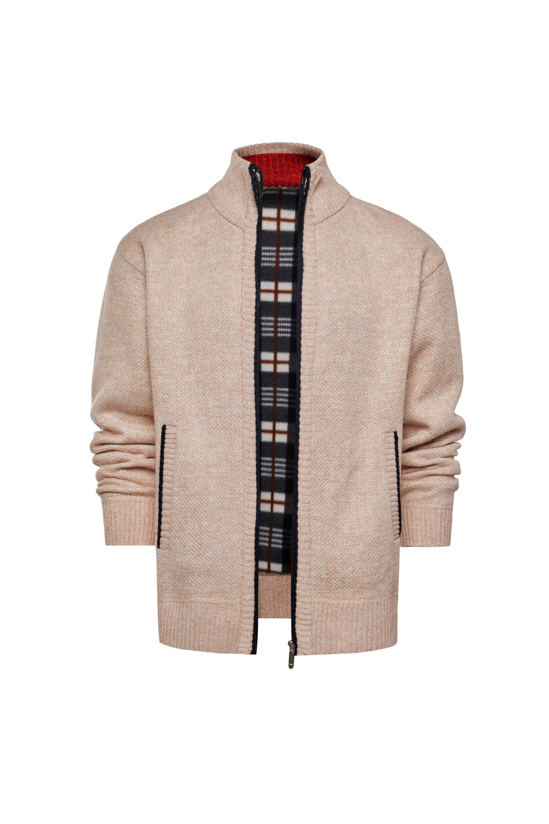 Herren gebürstete Strickjacke mit kariertem Thermofutter und Stehkragen – Taviero