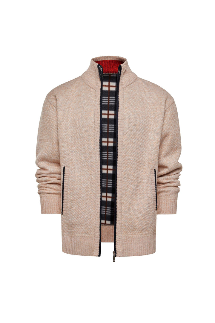 Herren gebürstete Strickjacke mit kariertem Thermofutter und Stehkragen – Taviero