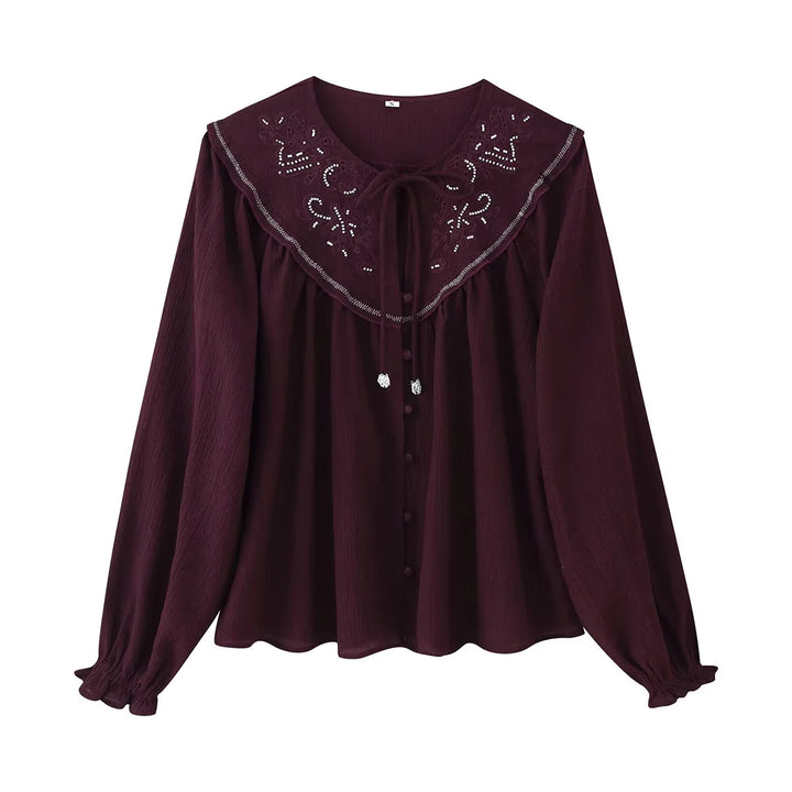 Damen nan bestickte Bluse mit übergroßem Kragen, Bindeschleife und geknöpfter Front Echo Archiv