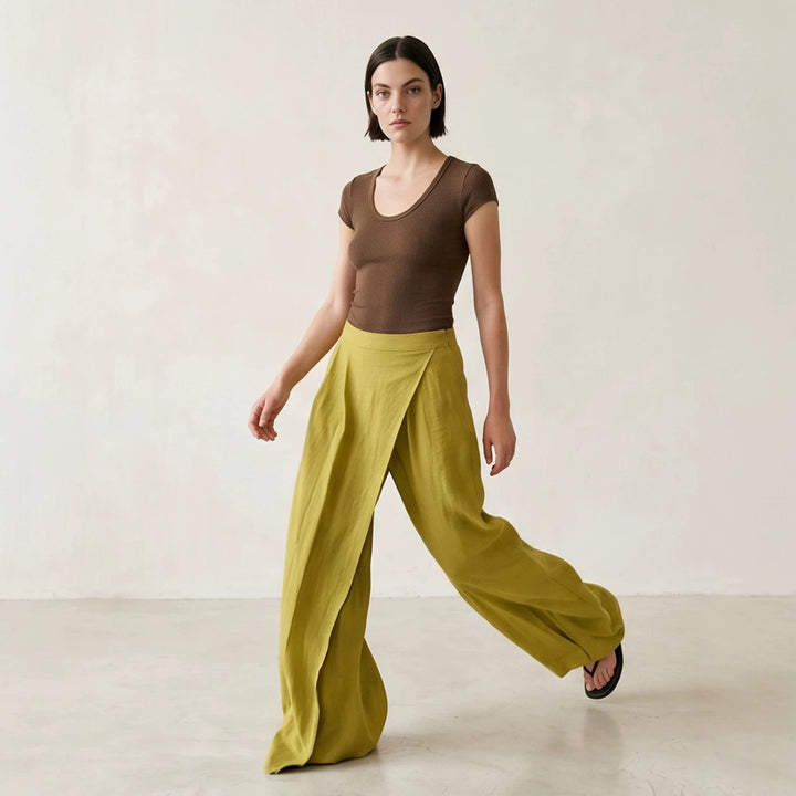 Damen High‑Waist Wickel‑Palazzohose mit weitem Bein und fließender Leinenoptik Echoarchiv