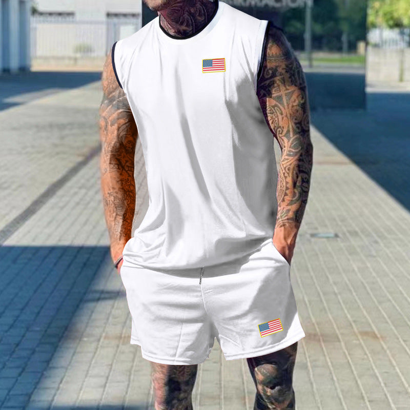 Herren sportliches Tanktop und Shorts-Set mit dekorativem Flaggenmotiv Echoarchiv