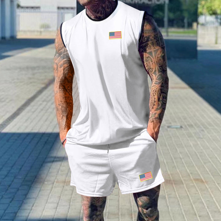 Herren sportliches Tanktop und Shorts-Set mit dekorativem Flaggenmotiv Echoarchiv