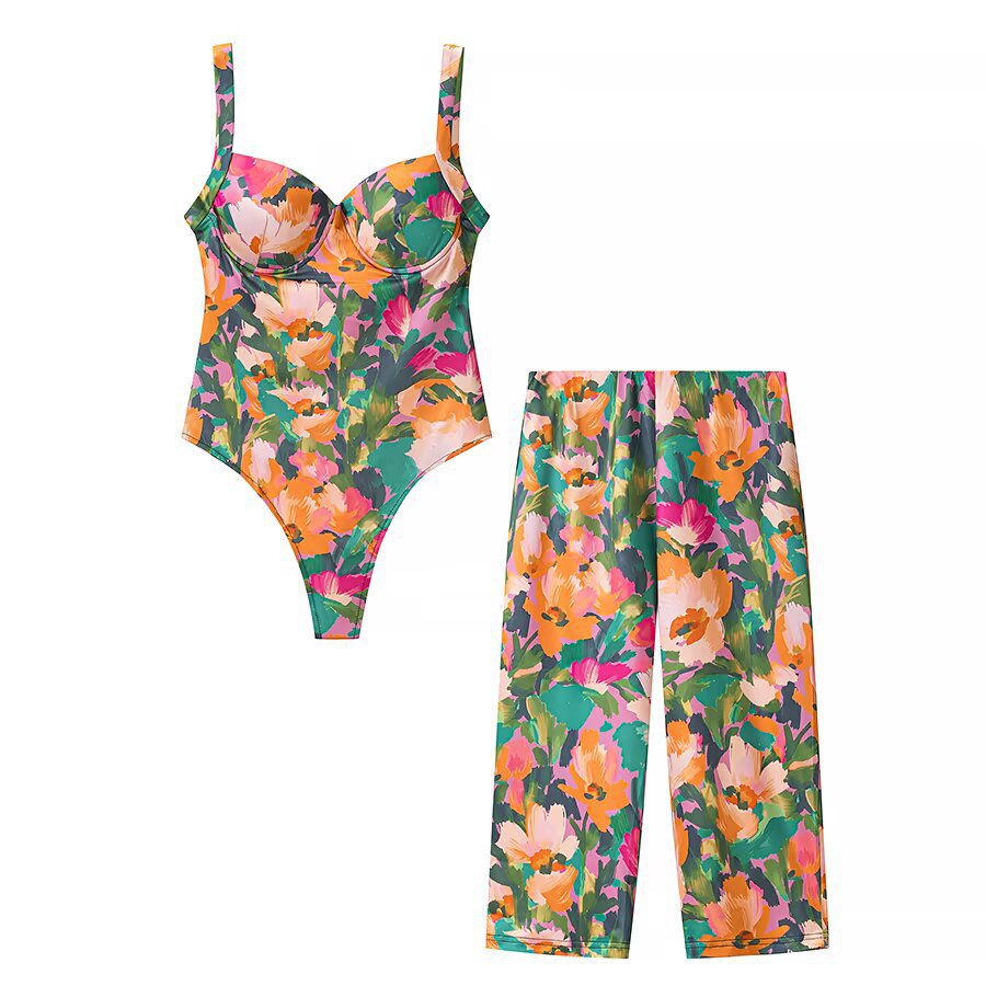 Damen Weite Cropped-Hose mit elastischem Bund und aquarelligem Blumenprint Echo Archiv