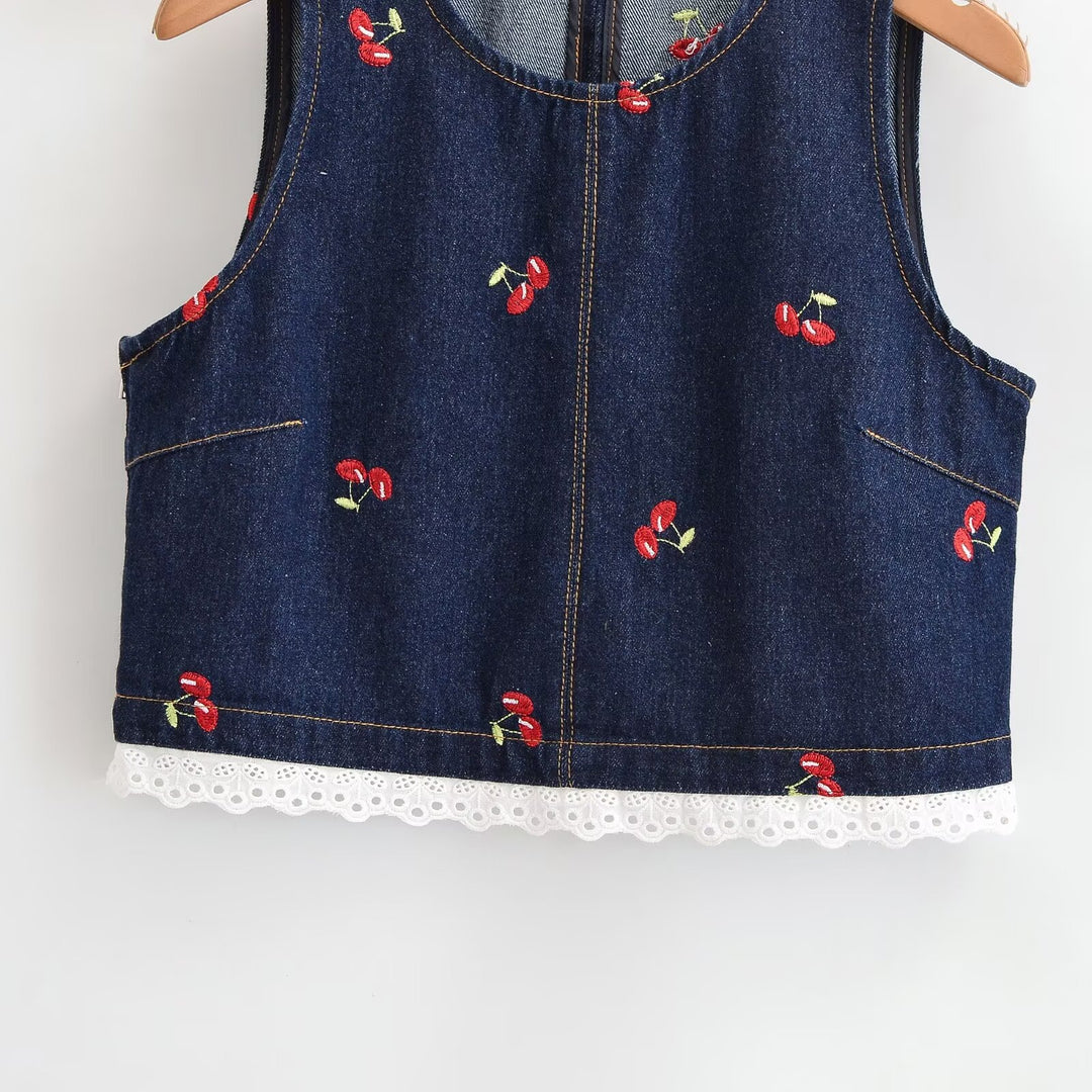 Damen Designer-Cropped-Top mit floralem Stickmuster und Spitzenbesatz Echo Archiv