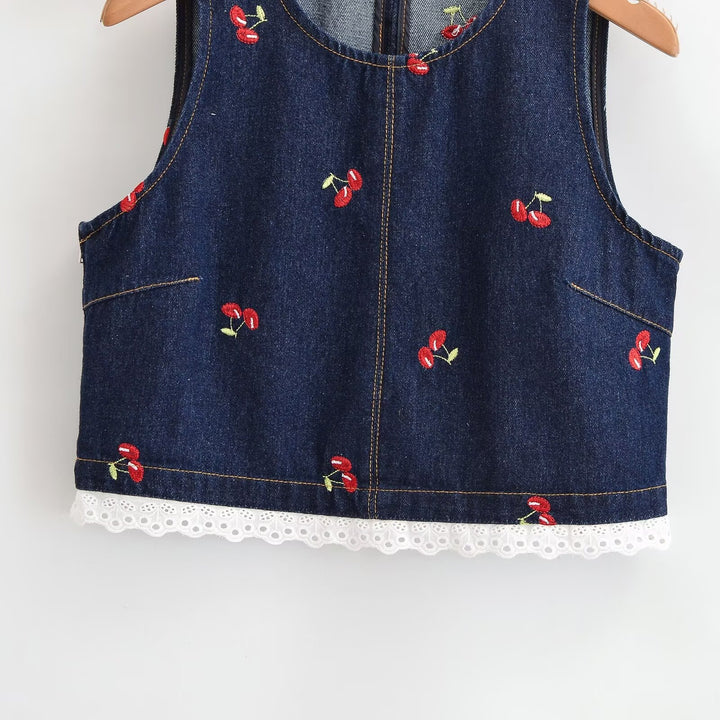 Damen Designer-Cropped-Top mit floralem Stickmuster und Spitzenbesatz Echo Archiv
