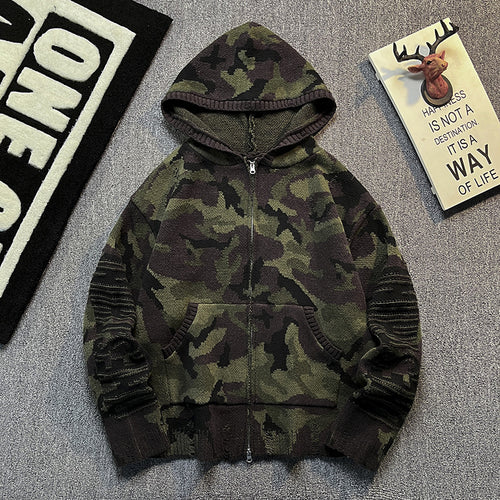 Herren Strick-Kapuzenjacke im Camouflage-Look mit Reißverschluss und used-Details Echoarchiv