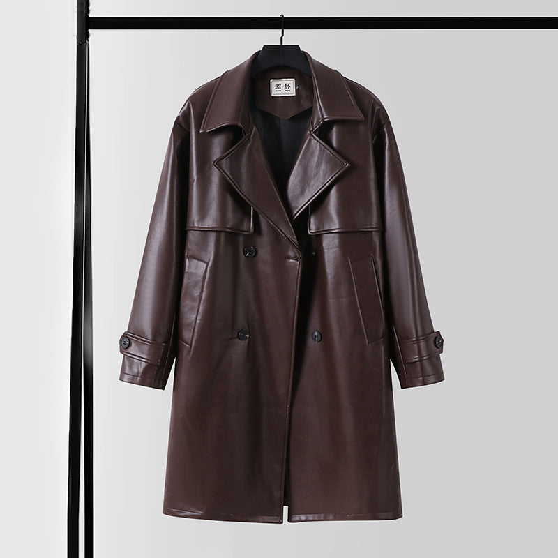 Herren Lederimitat-Trenchcoat mit Doppelreiher, Oversize-Schnitt und Manschettenriegel Echoarchiv