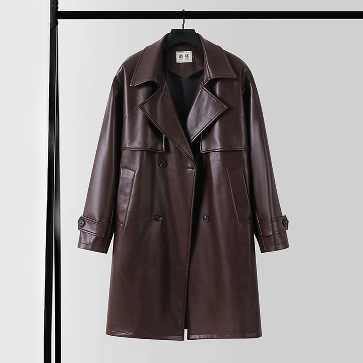 Herren Lederimitat-Trenchcoat mit Doppelreiher, Oversize-Schnitt und Manschettenriegel Echoarchiv