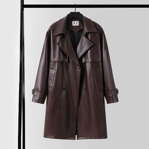 Herren Lederimitat-Trenchcoat mit Doppelreiher, Oversize-Schnitt und Manschettenriegel Echoarchiv
