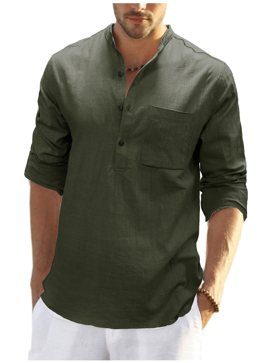 Herren lässiges Langarm-Henley-Shirt aus angenehmem Leinenmix mit Brusttasche Echoarchiv