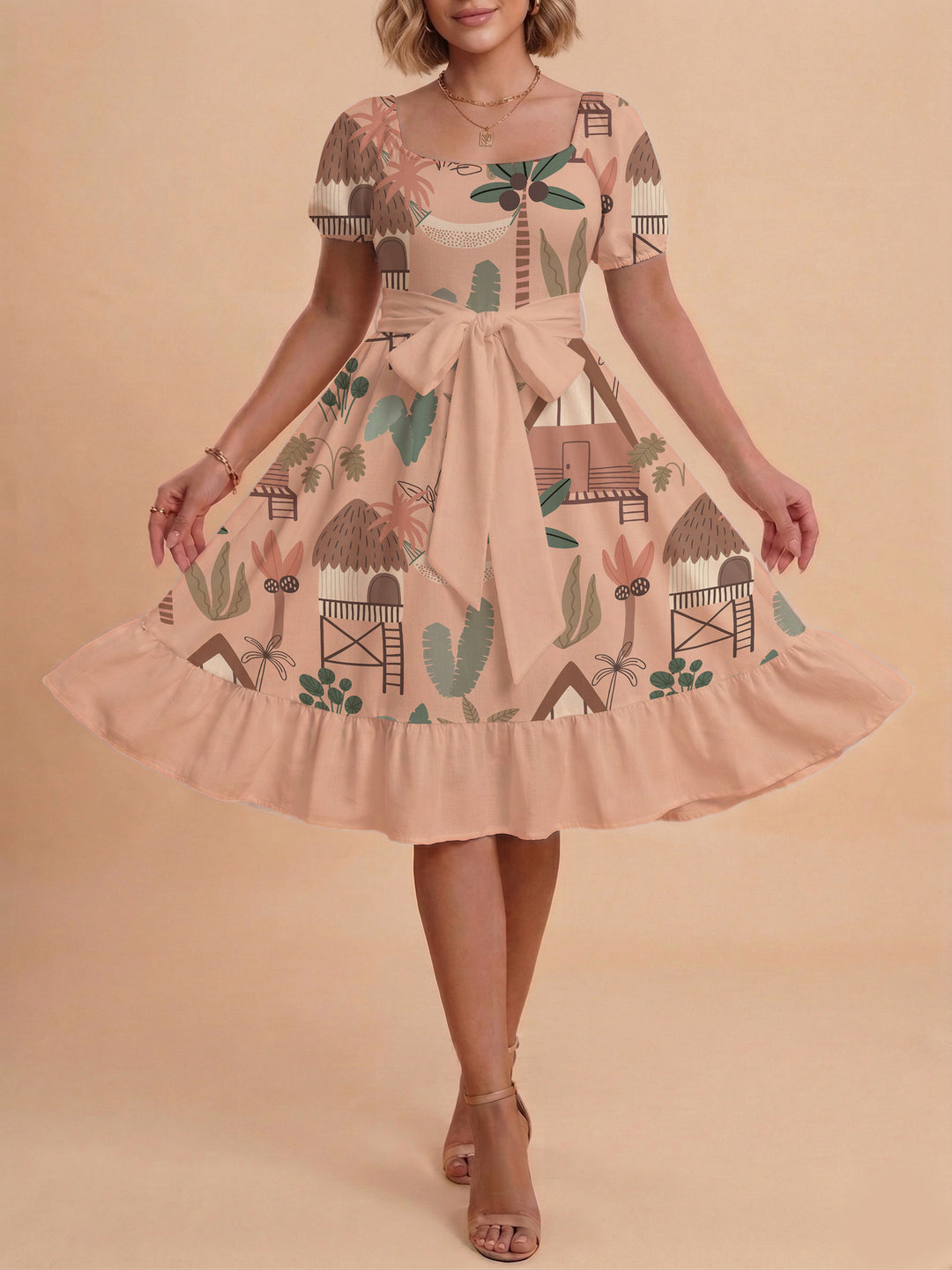 Damen Sommerliches Blumenkleid mit taillierbarem Gürtel und voluminösen Ärmeln Echo Archiv