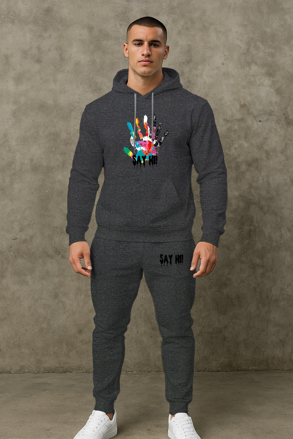 Herren lässiger Kapuzenpullover mit passender Jogginghose und grafischem Print Echoarchiv