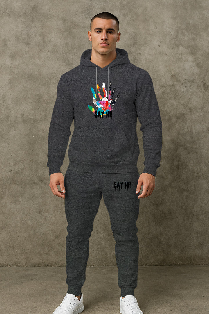 Herren lässiger Kapuzenpullover mit passender Jogginghose und grafischem Print Echoarchiv