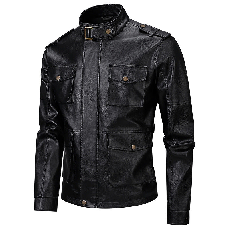 Herren Militärjacke aus Kunstleder mit praktischen Taschen und hohem Kragen Echoarchiv