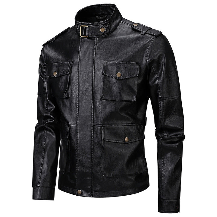 Herren Militärjacke aus Kunstleder mit praktischen Taschen und hohem Kragen Echoarchiv