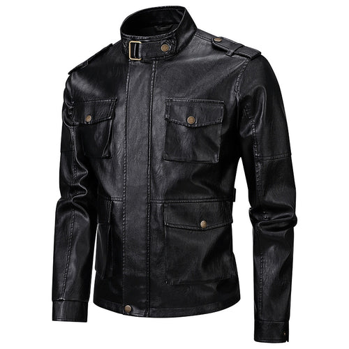 Herren Militärjacke aus Kunstleder mit praktischen Taschen und hohem Kragen Echoarchiv