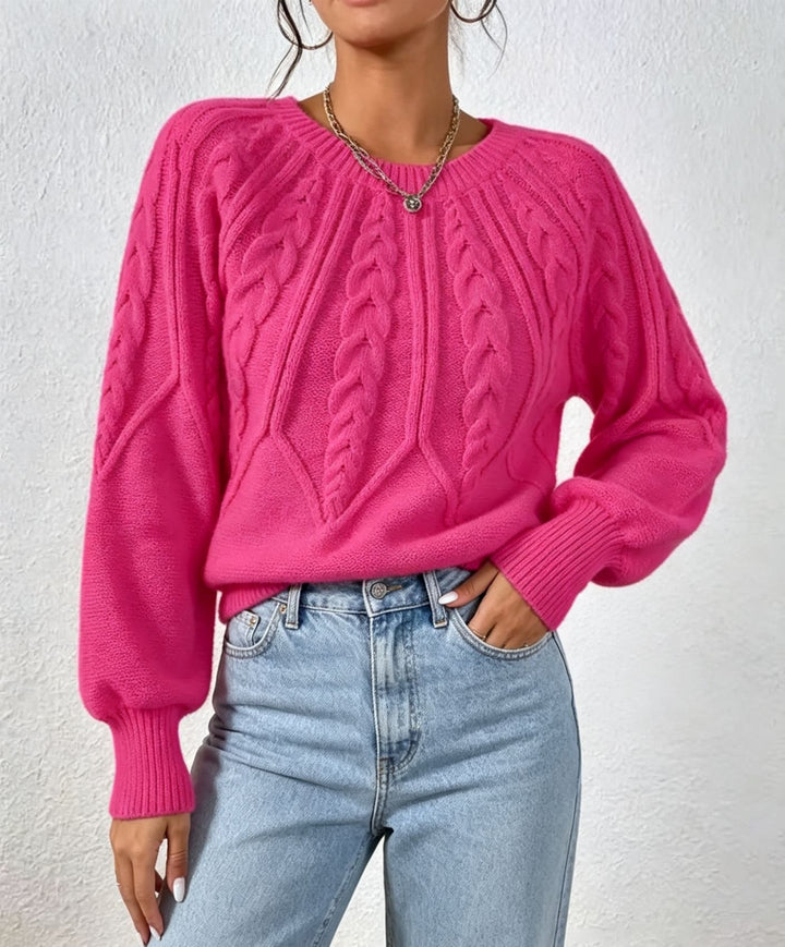 Damen kurzgeschnitteter Grobstrick-Zopfpullover mit Ballonärmeln – Mavelle