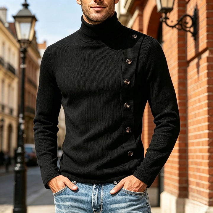 Herren Slim-Fit Rollkragenpullover mit asymmetrischer Zierknopfleiste aus Rippstrick Echoarchiv