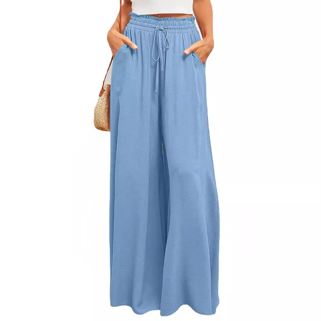 Frauen Hohe Taille Rüschen Elastischer Bund Weite Bein Strand Palazzo Hose mit Zugband und Seitentaschen – Avélisse