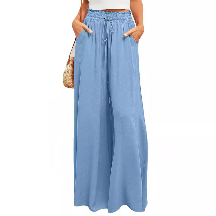 Frauen Hohe Taille Rüschen Elastischer Bund Weite Bein Strand Palazzo Hose mit Zugband und Seitentaschen – Avélisse