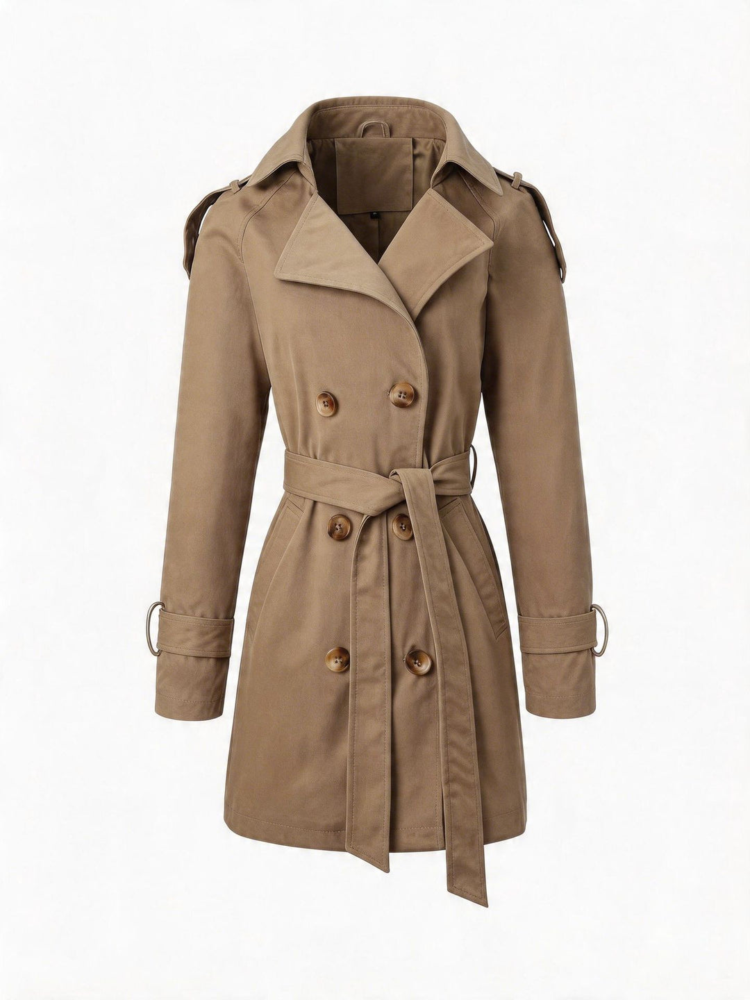 Damen Taillierter Trenchcoat mit Bindegürtel, Schulterriegeln und Metallring-Details Echoarchiv