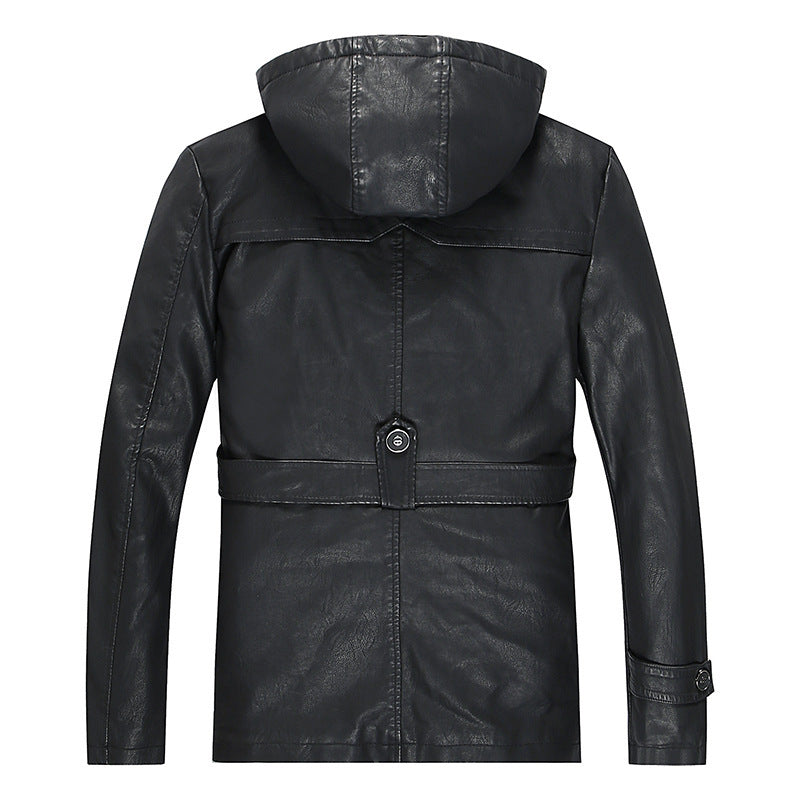Herren Kunstlederjacke mit Kapuze, Teddyfutter und Gürtelschnalle – Valtoré