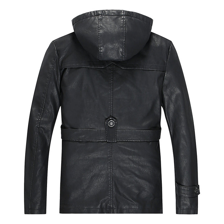 Herren Kunstlederjacke mit Kapuze, Teddyfutter und Gürtelschnalle – Valtoré