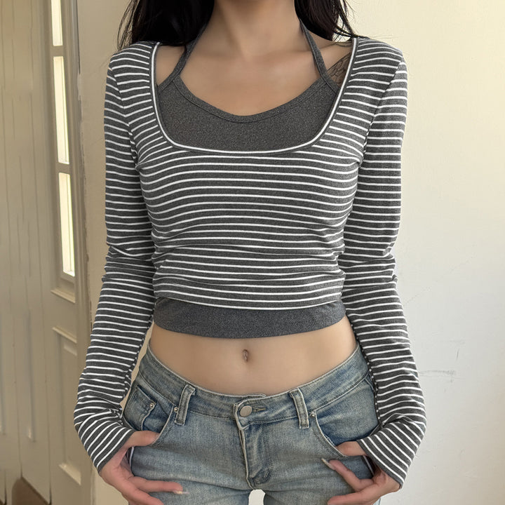 Damen Enges Layering-Longsleeve mit tiefem U-Ausschnitt und integrierter Camisole Echo Archiv