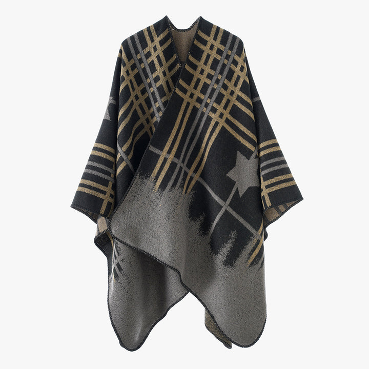 Damen Oversize-Capeponcho aus Wollmix mit Stern- und Karojacquard und weichfallendem Fall Echo Archiv