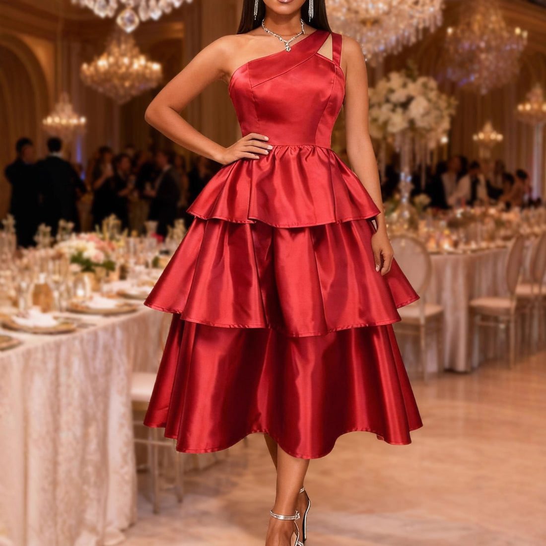 Damen festliches Wickelkleid mit voluminösem Rüschendesign – Élara