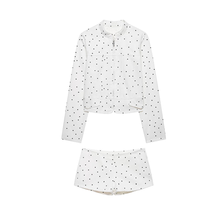 Damen Gepunktete Kurzjacke mit Stehkragen, Reißverschluss und Pattentaschen Echo Archiv
