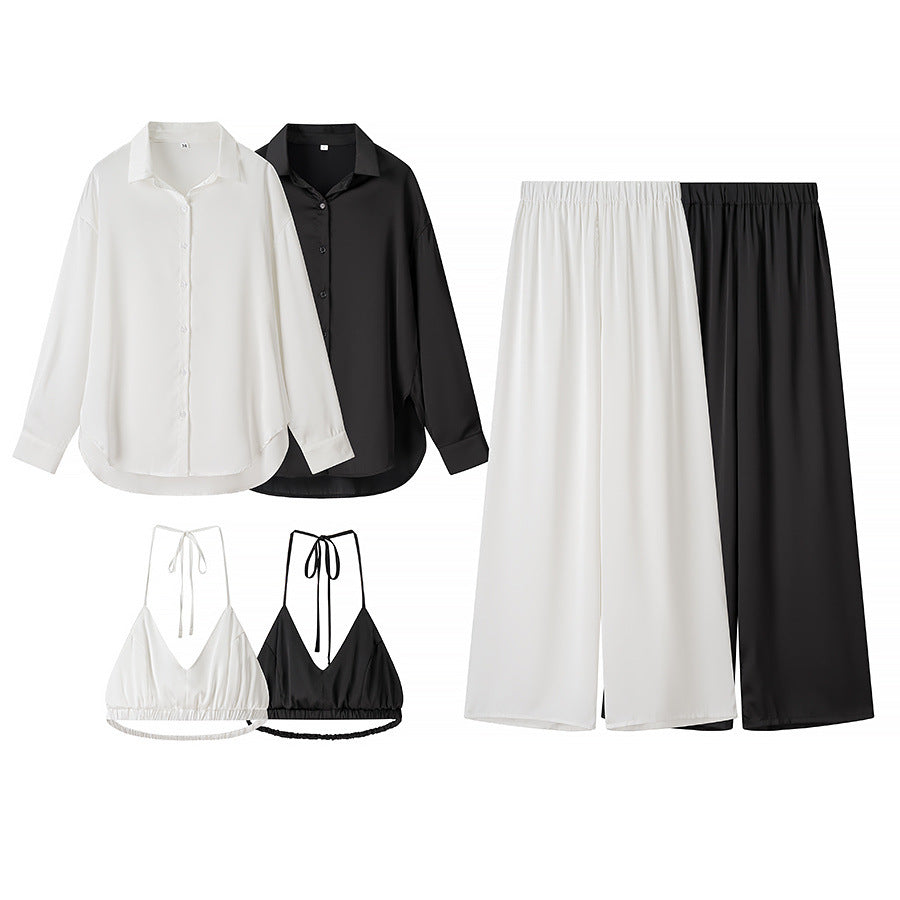 Damen elegantes Dreiteiler-Set Oversize-Hemd Highwaist-Weitbeinhose und Neckholder-Croptop – Élanora