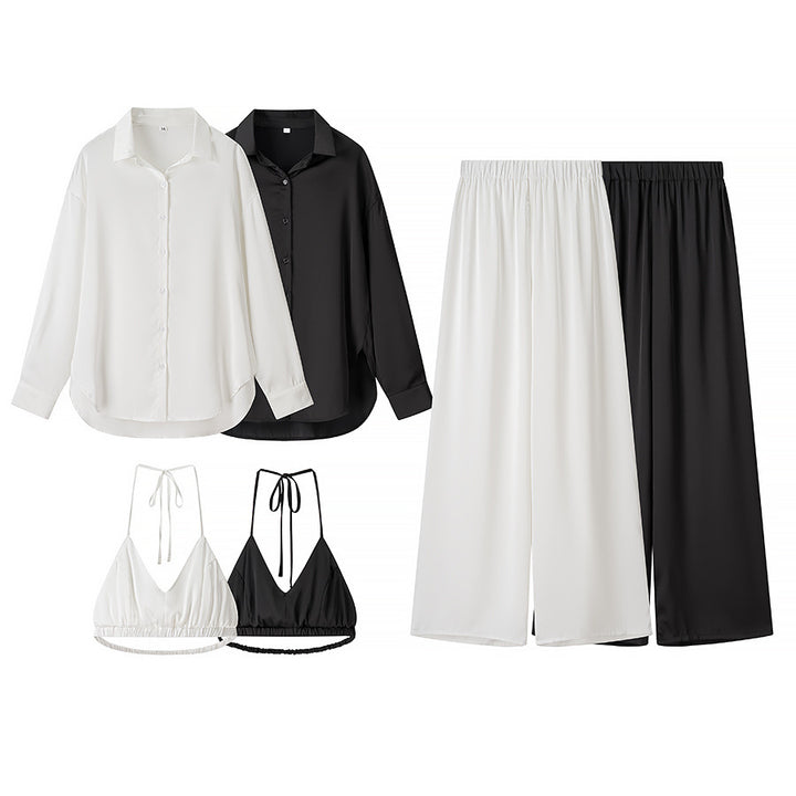 Damen elegantes Dreiteiler-Set Oversize-Hemd Highwaist-Weitbeinhose und Neckholder-Croptop – Élanora
