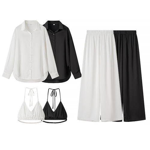 Damen elegantes Dreiteiler-Set Oversize-Hemd Highwaist-Weitbeinhose und Neckholder-Croptop – Élanora