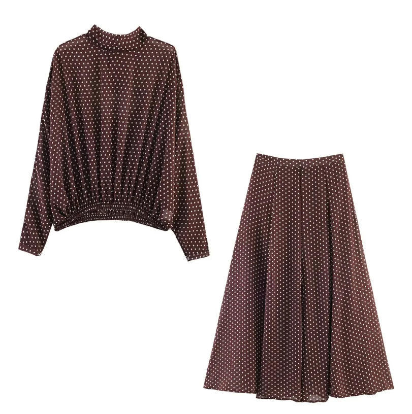 Damen Zweiteiliges Pünktchen-Set mit Stehkragenbluse und ausgestelltem Midirock Echo Archiv