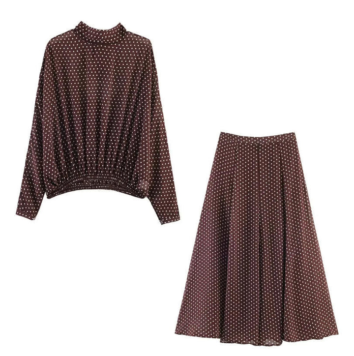 Damen Zweiteiliges Pünktchen-Set mit Stehkragenbluse und ausgestelltem Midirock Echo Archiv
