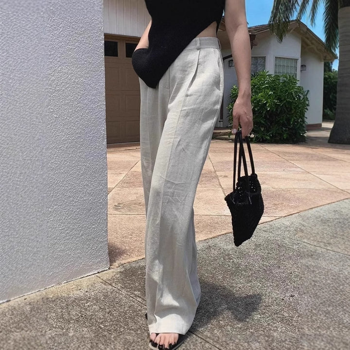 Damen Weite Leinenmix-Hose mit hoher Taille, Bügelfalte und Eingrifftaschen Echoarchiv