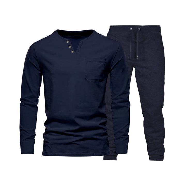 Herren Langarm‑Henley Loungewear‑Set mit Brusttasche und tapered Jogginghose – Marzano