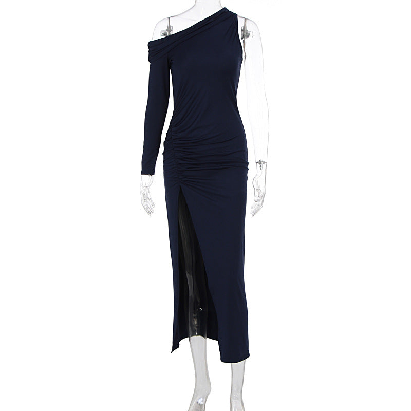 Damen figurbetontes Maxikleid mit asymmetrischem Ausschnitt und eleganten Rüschendetails Echo Archiv