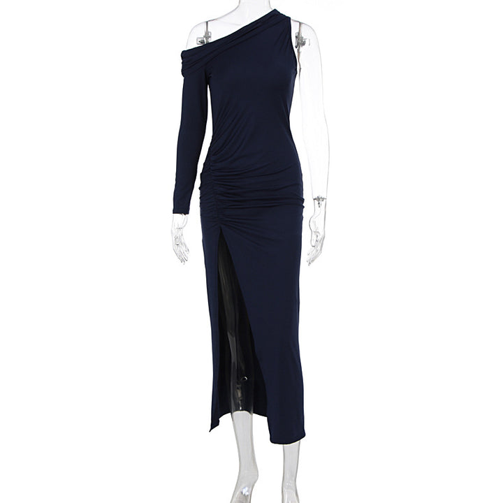 Damen figurbetontes Maxikleid mit asymmetrischem Ausschnitt und eleganten Rüschendetails Echo Archiv