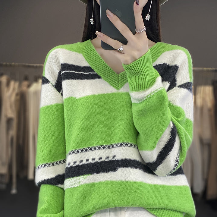 Damen Oversize-Strickpullover mit V‑Ausschnitt und grafischem Streifenmix Echoarchiv