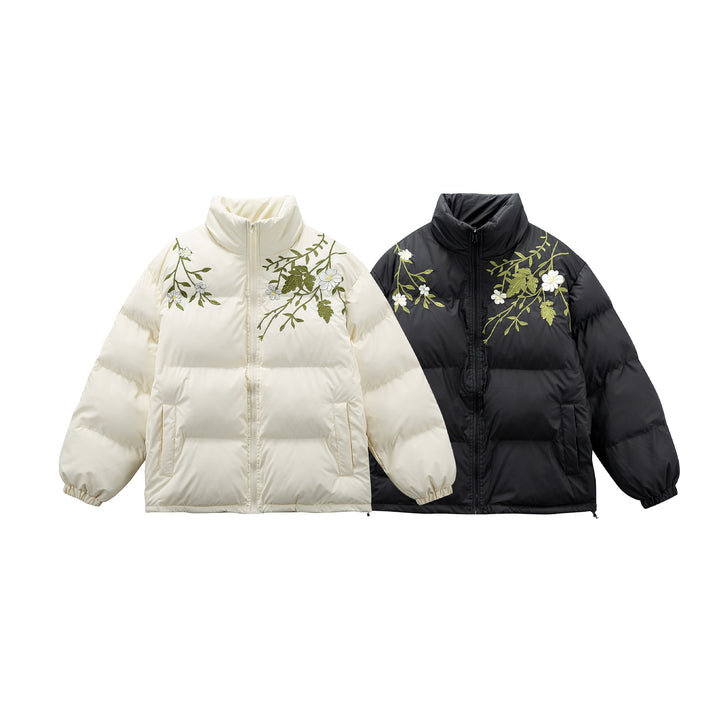 Damen Gepolsterte Oversize-Steppjacke mit Stehkragen und Blumenstickerei Echoarchiv