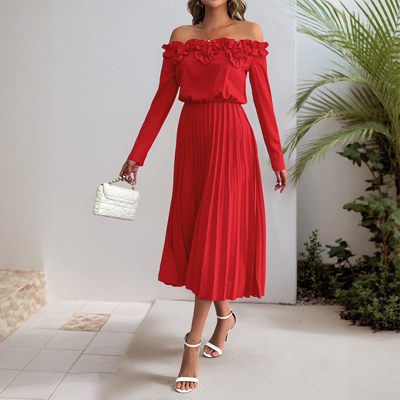 Damen Elegantes Off-Shoulder Plissee Kleid Echo Archiv