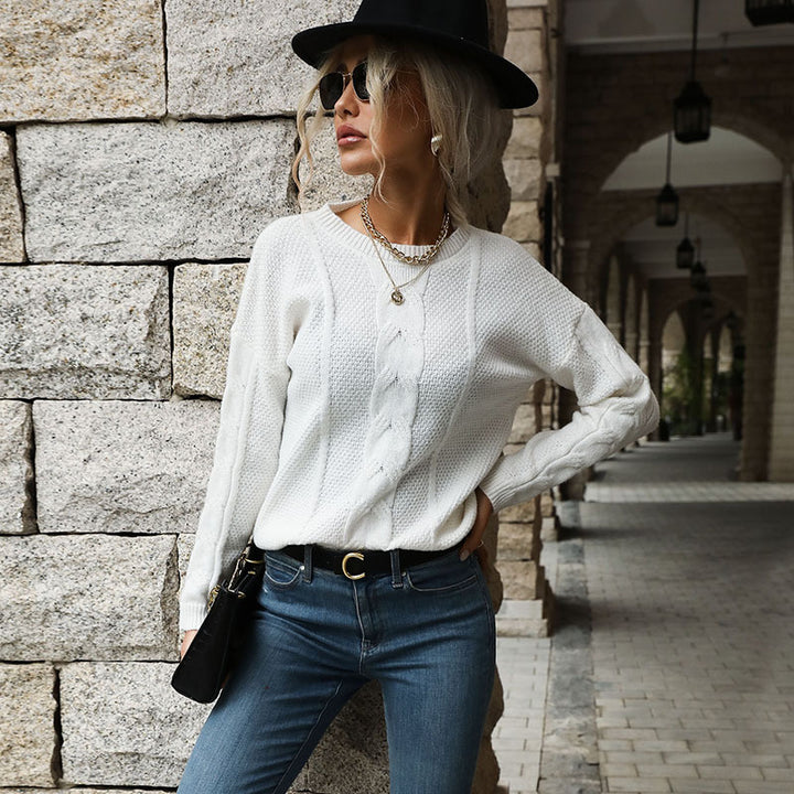 Damen Feiner Rundhals-Pullover mit Zopfmotiv und geripptem Saum Echoarchiv